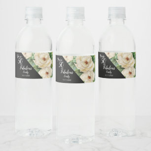 Etiqueta Para Botella De Agua Elegante 50 Y Fabuloso Nacimiento Floral Negro