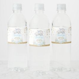 Etiqueta Para Botella De Agua Elegante Blue Gold Floral Boy Baby Elephant Shower