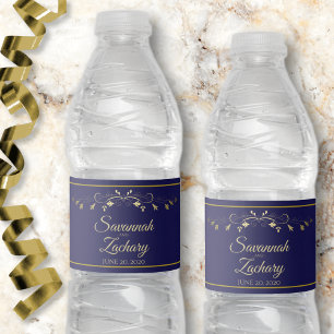 Etiqueta Para Botella De Agua Elegante Boda azul de la Marina florida dorada