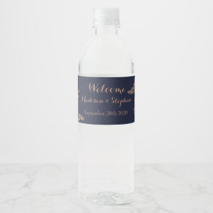 Etiqueta Para Botella De Agua Elegante boda de azul marino y falso oro rosa
