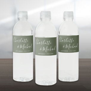 Etiqueta Para Botella De Agua Elegante Boda de color verde oliva con guión de fi