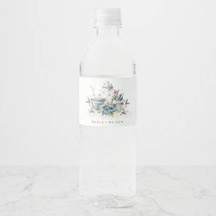 Etiqueta Para Botella De Agua Elegante Boda de la Copa Cute Aqua Blue Floral Tea