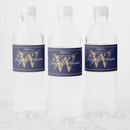 Etiqueta Para Botella De Agua Elegante Boda de Monograma de Oro Azul de la Marin