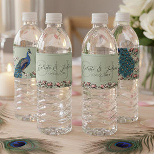 Etiqueta Para Botella De Agua Elegante Boda Sage Green Floral Peacock