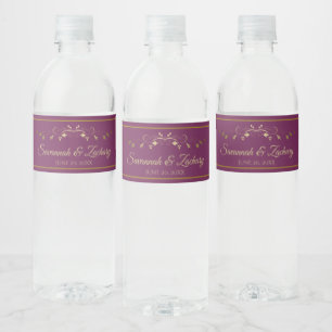 Etiqueta Para Botella De Agua Elegante Cassis Flourish Morado y Boda de Oro