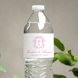 Etiqueta Para Botella De Agua Elegante Escudo chino rosado Monograma Boda