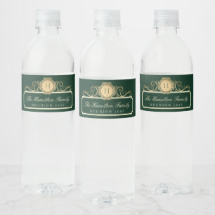Etiqueta Para Botella De Agua Elegante familia Reunión Gold Monograma Verde