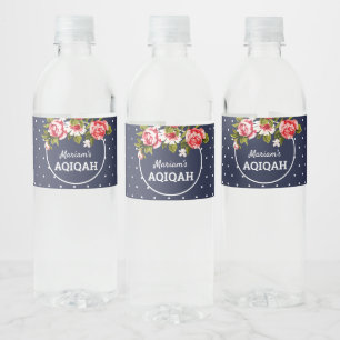 Etiqueta Para Botella De Agua Elegante Floral Azul Medianoche Niña Aqiqah
