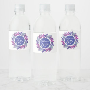 Etiqueta Para Botella De Agua Elegante guirnalda rosada y morada 65º cumpleaños
