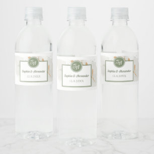 Etiqueta Para Botella De Agua Elegante marco de oro y floral de vegetación para