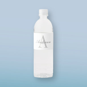 Etiqueta Para Botella De Agua Elegante Monograma Blanco y Gris