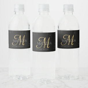 Etiqueta Para Botella De Agua Elegante Monograma Guión dorado negro