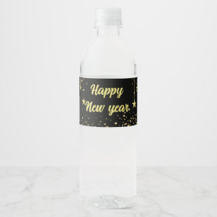 Etiqueta Para Botella De Agua Elegante Negro Moderno y Oro Feliz Año Nuevo