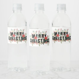 Etiqueta Para Botella De Agua Elegante Typografía Negra Feliz Navidad