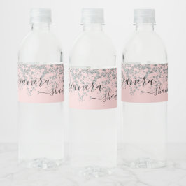 Etiqueta Para Botella De Agua Espuma de Monograma Giro Plata y Rubor Rosa