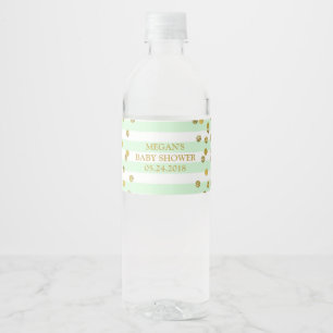 Etiqueta Para Botella De Agua Etiqueta de Baby Shower Mint Stripes Gold Confetti
