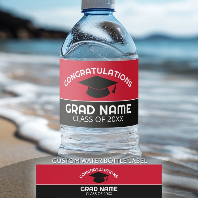 Etiqueta Para Botella De Agua Felicitaciones Graduado - Graduación negra roja (Custom Graduation Water Bottle Label)