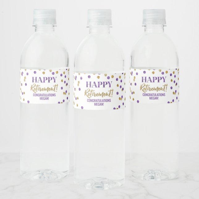 Etiqueta Para Botella De Agua Feliz Jubilación Confeti Morado Dorado (Botellas)