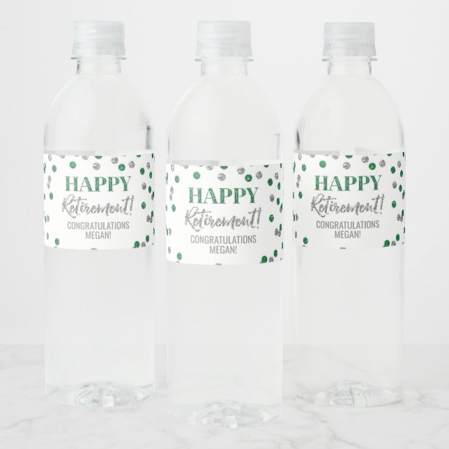 Etiqueta Para Botella De Agua Feliz retiro Green Silver Confetti (Botellas)