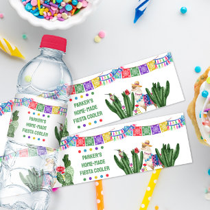 Etiqueta Para Botella De Agua Fiesta con Banderín de Papel Picado y Cactus