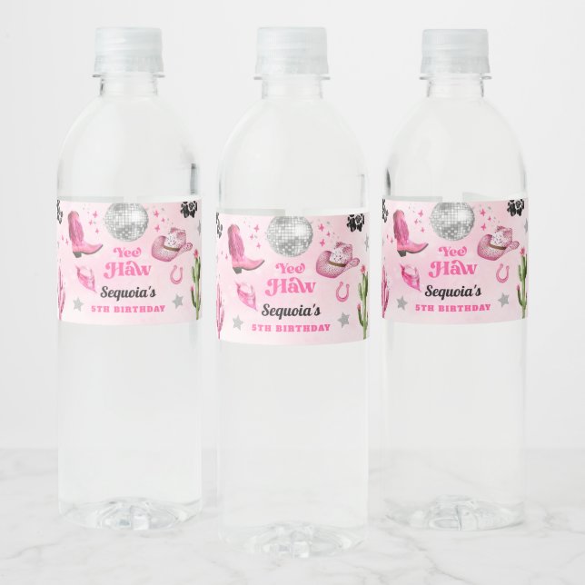 Etiqueta Para Botella De Agua Fiesta de Cowgirl Disco Rosa (Botellas)