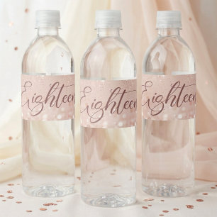 Etiqueta Para Botella De Agua Fiesta de cumpleaños 18 con brillo en rosa oro