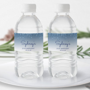 Etiqueta Para Botella De Agua Fiesta de cumpleaños 21 chic con brillo azul