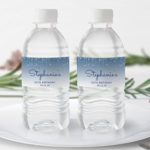Etiqueta Para Botella De Agua Fiesta de cumpleaños 50 Chic Blue Glitter Drip