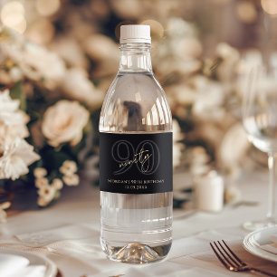 Etiqueta Para Botella De Agua Fiesta de cumpleaños 90 Moderno Negro Oro