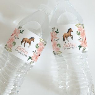 Etiqueta Para Botella De Agua Fiesta de cumpleaños del caballo floral rosado
