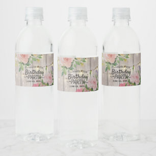 Etiqueta Para Botella De Agua Fiesta de Cumpleaños Flores Rústicas de Madera Ilu