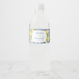 Etiqueta Para Botella De Agua Fiesta de ducha de novia con mosaico blanco azul L