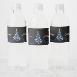 Etiqueta Para Botella De Agua Fiesta de Navidad Árbol Azul Brillante Negro Elega
