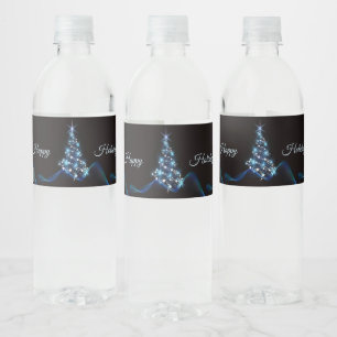 Etiqueta Para Botella De Agua Fiesta de Navidad Árbol Azul Brillante Negro Elega