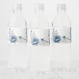 Etiqueta Para Botella De Agua Fiesta Dusty Blue Watercolor Flores Plateadas Eleg