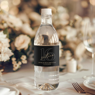 Etiqueta Para Botella De Agua Fiesta Moderna de Cumpleaños 16 de Oro Negro