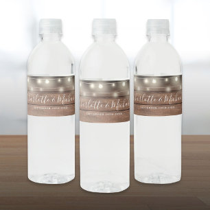 Etiqueta Para Botella De Agua Firma Script Rustic Wood String Lights Boda