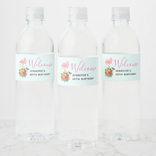 Etiqueta Para Botella De Agua Flamingo rosado y flamante tropical hibiscus