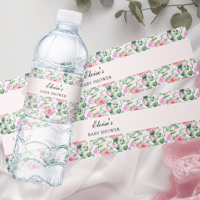 Etiqueta Para Botella De Agua Flora acuarela rosa personalizada (Floral water bottle labels from my Vintage Tea Party Baby Shower Collection)