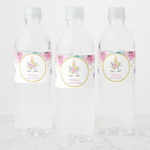 Etiqueta Para Botella De Agua Floral acuarela Unicorn Baby Shower