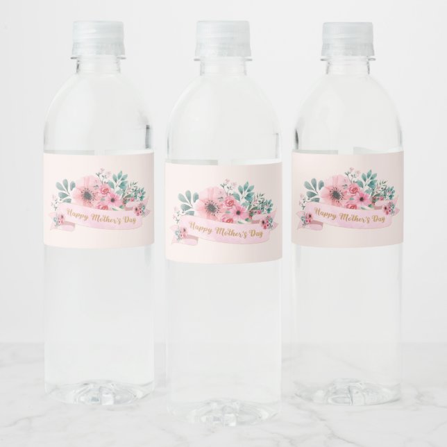Etiqueta Para Botella De Agua Floral acuática rosa feliz día de la madre (Botellas)