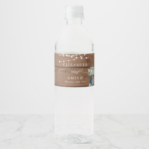 Etiqueta Para Botella De Agua Floral blanca Rústica Elegante Luces Boda de mader