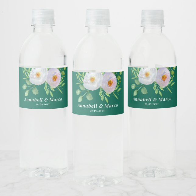 Etiqueta Para Botella De Agua Floral Blanca Verde Bosque (Botellas)