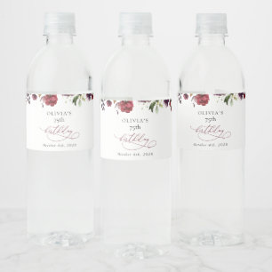 Etiqueta Para Botella De Agua Flores Borgoña, Flores Rosadas, Boho, Cumpleaños