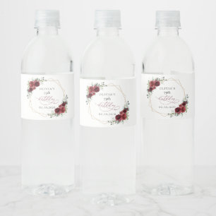 Etiqueta Para Botella De Agua Flores de Borgoña, Flores Rojas, Boho, Cumpleaños