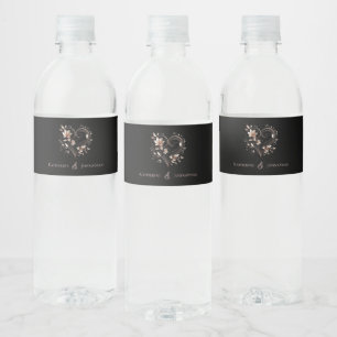 Etiqueta Para Botella De Agua Flores de oro Rosa modernas con un Boda de corazón