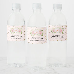Etiqueta Para Botella De Agua Flores de oro rosas dulces 16 cumpleaños