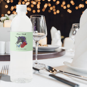 Etiqueta Para Botella De Agua Flores negras de unicornio morado de salvia roja