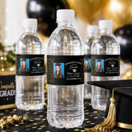 Etiqueta Para Botella De Agua Foto de graduado con confeti dorado Fiesta de grad