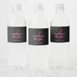 Etiqueta Para Botella De Agua Fuchsia negra y Boda blanco-
